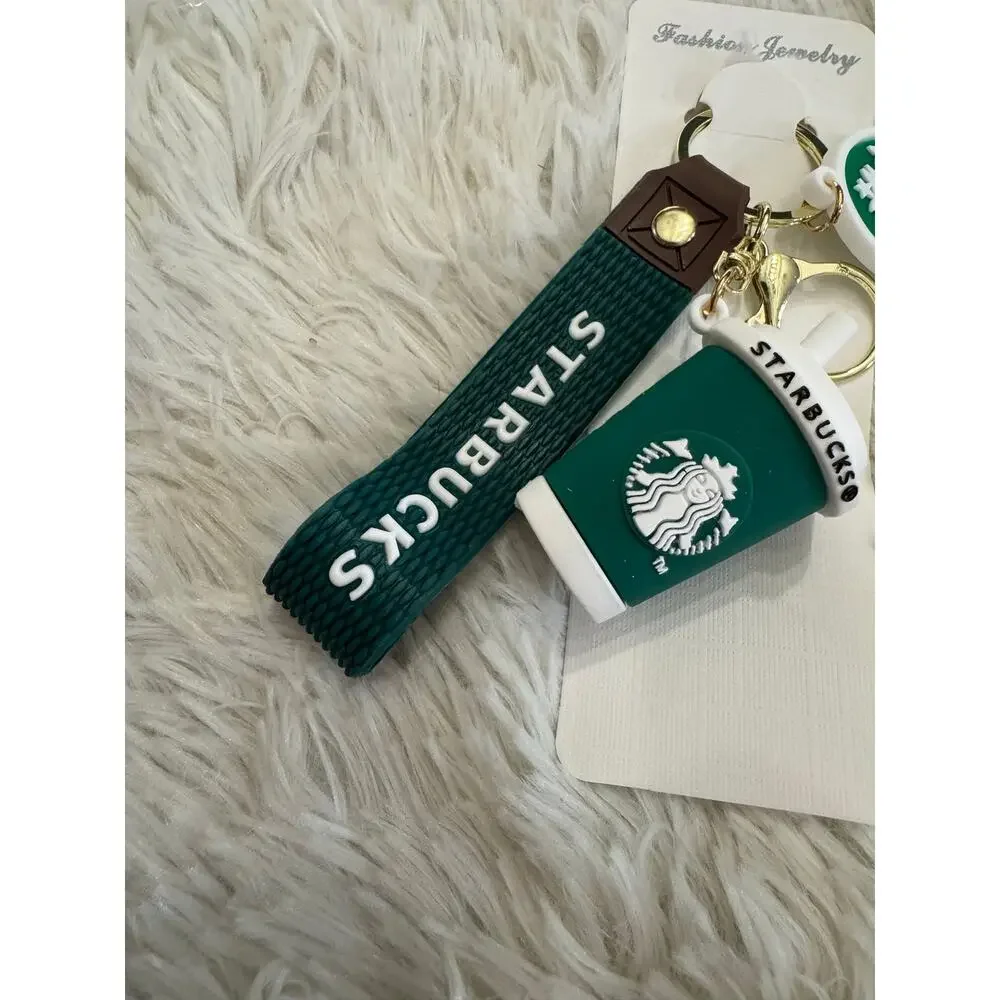 Starbucks green & white cup keychain with white Starbucks logo strap